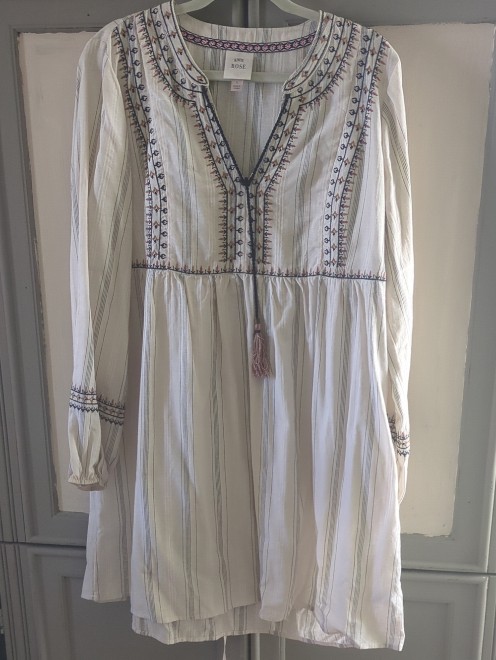 Boho Embroidered Cream Long-Sleeve Dress